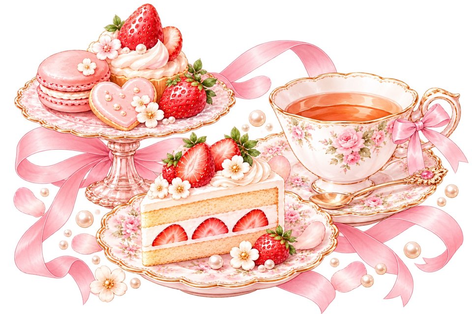 いちごのケーキとマカロン、紅茶のイラスト